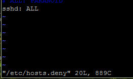 hosts.deny 파일에서 sshd: ALL 추가 예시 화면